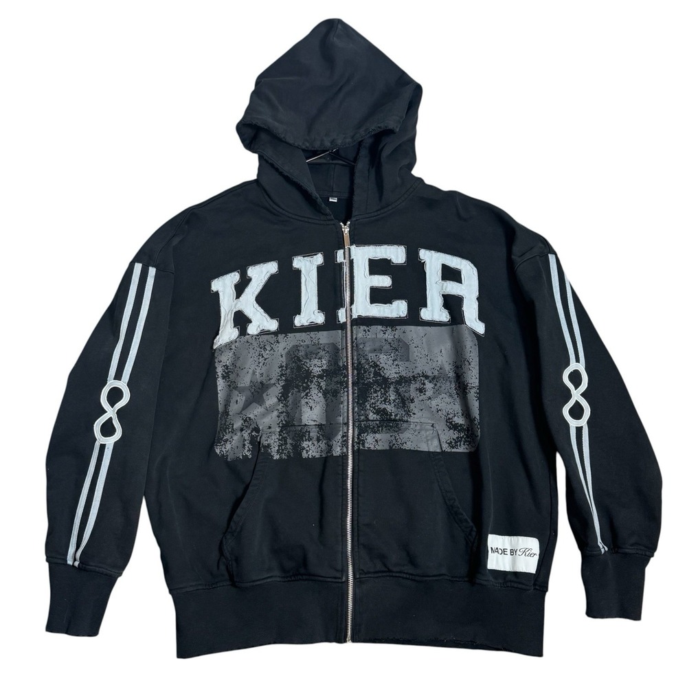 Kier Cyber Y2K Zip Up Hoodie XXL Black Raw Edge Applique Opium Skater Grunge VTG